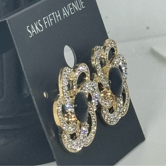 Saks Fifth Ave Gold Tone Flower Crystal Post Earrings With Black Crystal Center - Picture 4 of 7